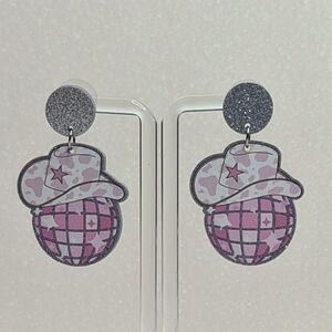 Cowboy Themed Pink Glitter Disco Ball with Cowboy Hat Drop Earrings